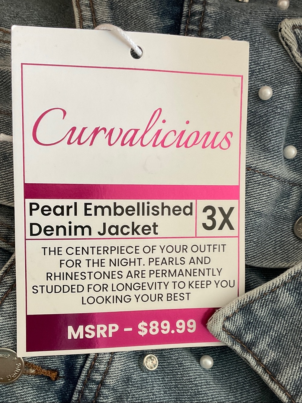 Curvalicious Pearl Embellished Denim Jean Jacket Plus Size 3X , P2P 27” NWT - Picture 6 of 6